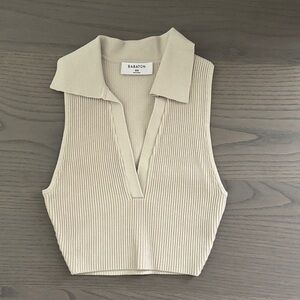 Babaton Cream Ribbed Collared V-Neck Tank